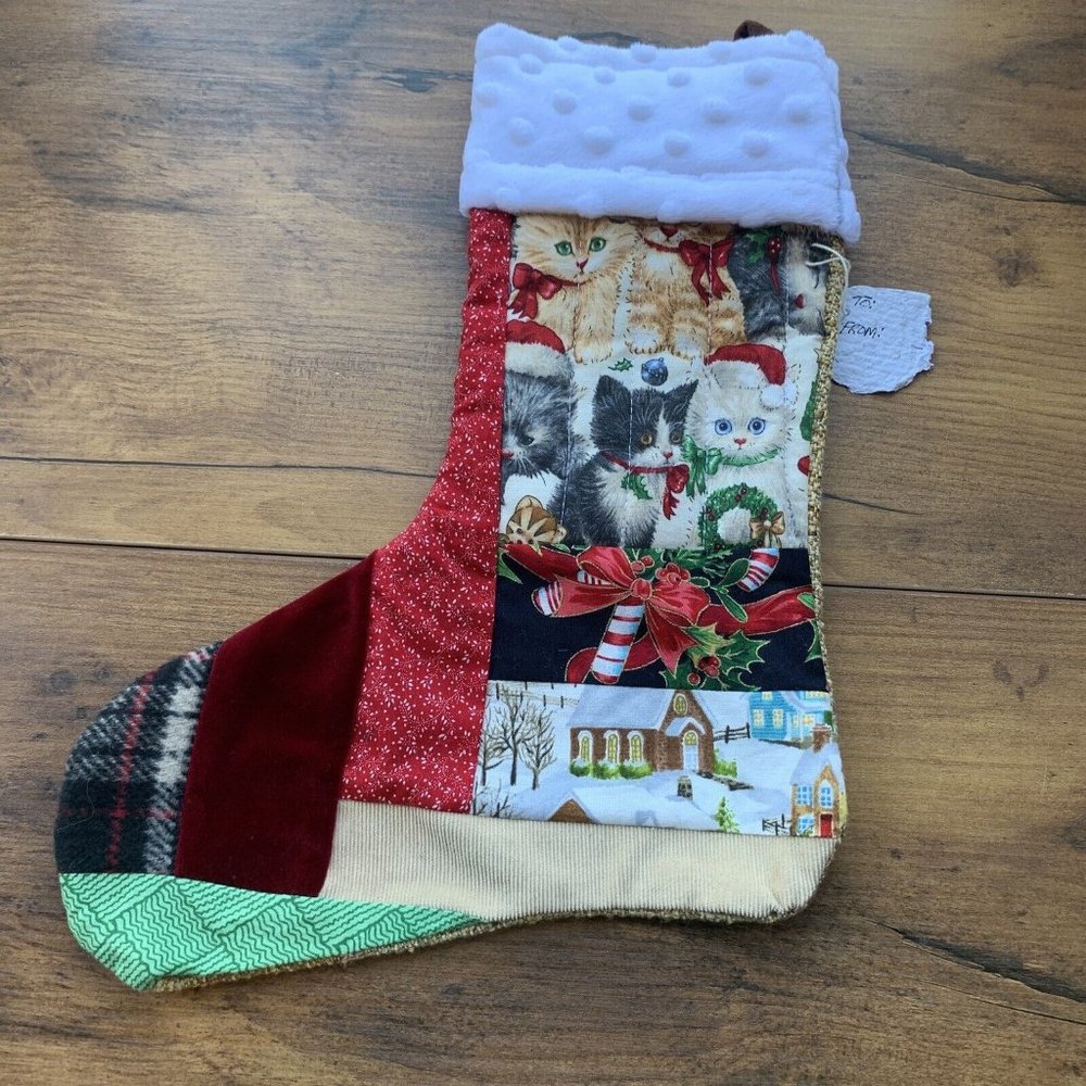 Christmas‎ Stocking Kittens  Quilted Patchwork Fabric Cat   NEW 14” Handmade
